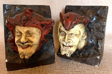 Antique Continental Masquerade Court Jester Chalk Ware Bookends Cobels