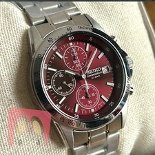 Seiko Stainless Steel Red Chronograph Sunburst Dial Men's Quartz Watch * SBTQ045