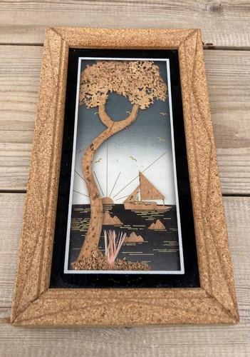 Vintage carved cork picture - carved,