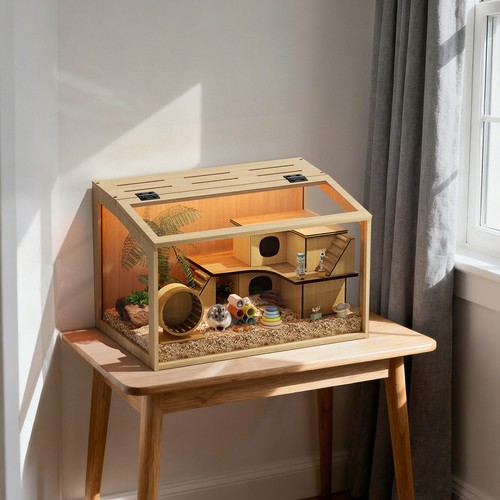 Wooden glass hamster cage led - glass,