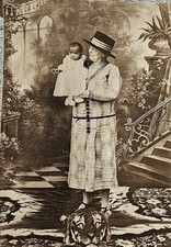 Antique Indian Studio Portrait Lady Holding Infant, Tiger Skin Rug 1920s.