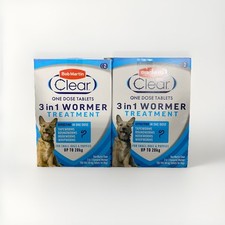 2 x 2 Tablets = 4 Tabs Bob Martin Clear 3 In 1 Wormer Tablets for Dogs upto 20kg