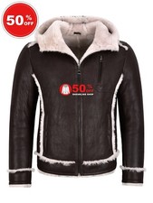 Mens B3 Shearling Sheepskin Jacket Aviator Hooded Brown Beige Fur M-250