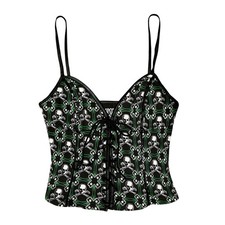 RARE 90s Lip Service Punk Black And Green Skulls Corset Lace Up Top Size Large