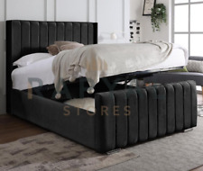 OTTOMAN STORAGE  BED PANEL PLUSH VELVET UPHOLSTERED BED FRAME- WINGED HEADBOARD
