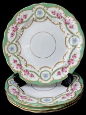 Aynsley Antique 4 X 7” Bone China Plates Green Boarder Pink Roses & Leaf Swags
