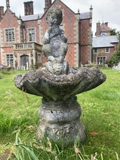 Mythological Water Feature Centrepiece Of Faun Boy Sat Upon Scalloped Bowl