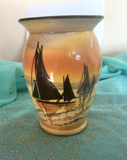 Watcombe Torquay Ware small vase with boats in sunset 11cm