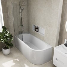 J Shaped Shower Bath Left Hand Bathtub 1700mm with Front Panel & Screen Acrylic