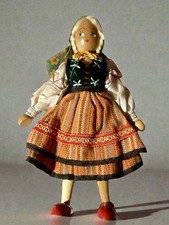9” 1970s Vintage Traditional Polish Wooden Peg, Folk Art Doll. Original Label