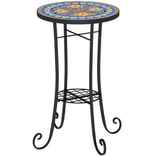 Outsunny 35.5cm Round Mosaic Garden Side Table Plant Stand w/ Shelf, Blue