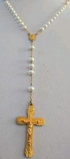 Vintage Childs Pearl And Gold Look Rosary Beads
