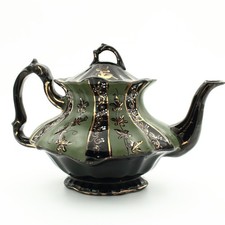 Victorian Teapot Britannia Pattern in Green and Black with Gilt Accents by W&Co
