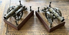 Nice Pair of Unusual Antique 5 Inch Brass Desk Cannon Mounted On Wooden Plinths