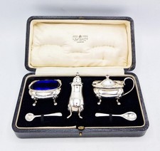 ANTIQUE STERLING SILVER CASED CRUET SET Birmingham 1932