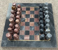 Vintage Marble Carved Red and Black Chess Set with Board in Very Good Condition