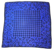 Vintage Oscar de la Renta Checks & Floral Silk Scarf Rose Electric Blue Black