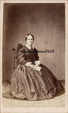 1865 BIRMINGHAM CDV LADY CRINOLINE DRESS BROOCH CARVED CHAIR VICTORIAN FASHION