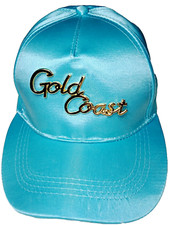Womens Baseball Cap Blue Satin Gold Coast Souvenir Adjustable Hat Gold 3D Text