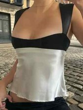 Women's Satin Colorblock Corset Top Black White Sleeveless Bustier Crop Top