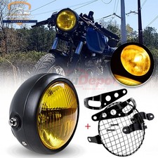 6.5" Retro Motorcycle Headlight Yellow w/ Grill & Fork Mount Bracket Cafe Racer