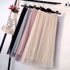 Womens Elastic High Waist Mesh Tulle Tutu Skirt Layered Pleated Long Maxi Dress 