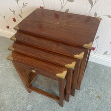 Nest of Four Vintage Antique Rosewood Inlaid Coffee Tables with Brass Decoration