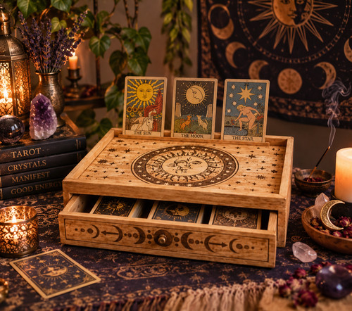Sun moon carved wooden - wooden, tarot