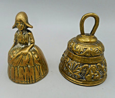 ANTIQUE TWO SOLID BRASS HAND BELLS - DUTCH LADY AND CLASSICAL  TEXT AND ANIMALS