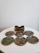 Vintage Peruvian Set of 6 Handpainted  Coasters With Holder