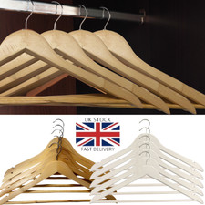 NATURAL WOODEN COAT HANGERS SUIT GARMENTS CLOTHES WOOD HANGER TROUSER BAR SET UK