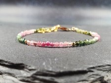 Dainty Tourmaline Faceted Round Gemstone Gold Filled Beads Women Bracelets 6-8''