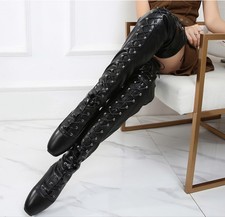 Fetish lace-up Ballet Heel 18cm 7" high heel thigh boots Matte Black UK9