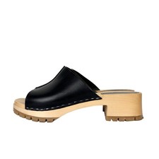 Swedish Hasbeens Ann Low Sandals Mules Clogs Black Leather Wooden Sole Size 41
