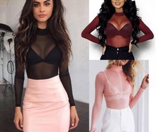 Women's Long Sleeve Mesh Sheer See Through Casual Blouse High Neck Top New
