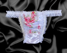 White Satin Floral Sissy Frilly Lace Bikini Tanga Knickers Panties Size M-XL