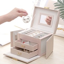 Large 3 Layer Jewellery Box Cabinet Necklace Ring Bracelet Mirror Lock Organizer