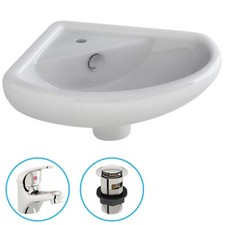 Bathroom Cloakroom Ceramic Compact Corner Small Wash Basin Sink Inc Tap & Waste