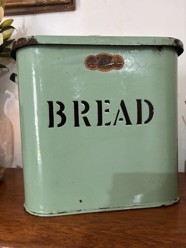 Vintage green enamel bread - enamel, bin