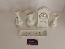 Lot Of 5 Vintage Belleek Shamrock Vases 5.5 , 6 & 7” , Clock 8” and Mint Tray
