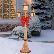 Christmas 7ft Gold Triple Head Lamp Post with Bow  Indoor Outdoor 220 LED Lights