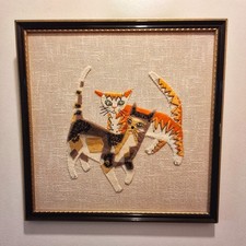Fab Vintage Retro Framed MCM 1970s Applique Crewel Embroidery Needlework Cats