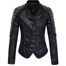Women's Biker Studded Leather Jacket Gothic Punk Moto Style Halloween Costume