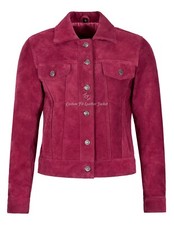 Womens TRUCKER Real Leather Jacket Fuchsia Pink Suede Casual Fashion Shirt Style