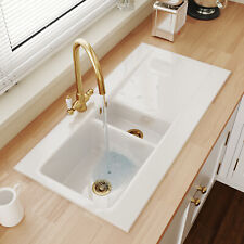 Astini Desire 150 1.5 Bowl Gloss White Ceramic Kitchen Sink & Gold Waste