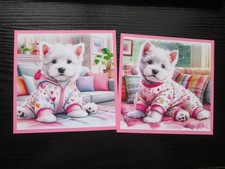 Set of 2 x DRESSED UP WHITE HIGHLAND WESTIE PUPS  Hand Made Card  Toppers