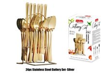 24PC CUTLERY DINNER SET STAINLESS STEEL METAL STAND RACK FORKS TEA SPOONS POLISH