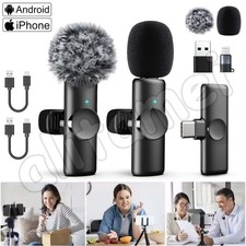 2x Wireless Lavalier Microphone Phone Mic Plug-Play Lapel Mic for iPhone Android