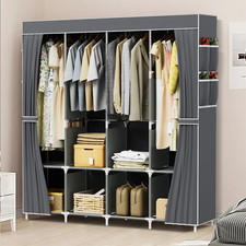 LARGE FABRIC CANVAS WARDROBE WITH CLOTHES HANGING RAIL SHELVING STORAGE CLOSET