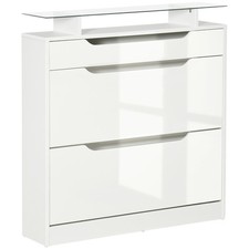 HOMCOM Shoe Cabinet with 3 Drawers, High Gloss Front Panels, Glass Top White